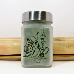 Out of this World Alien Stash Jar - Hookah Smoking Alien Etched Glass Herb Storage for Aliens and Stoner Gifts Must-Have Weed Accessories - Perfect for Storing Cannabis, Herbs, and More - A Great Gift for Any Stoner or Alien Lover in Your Life