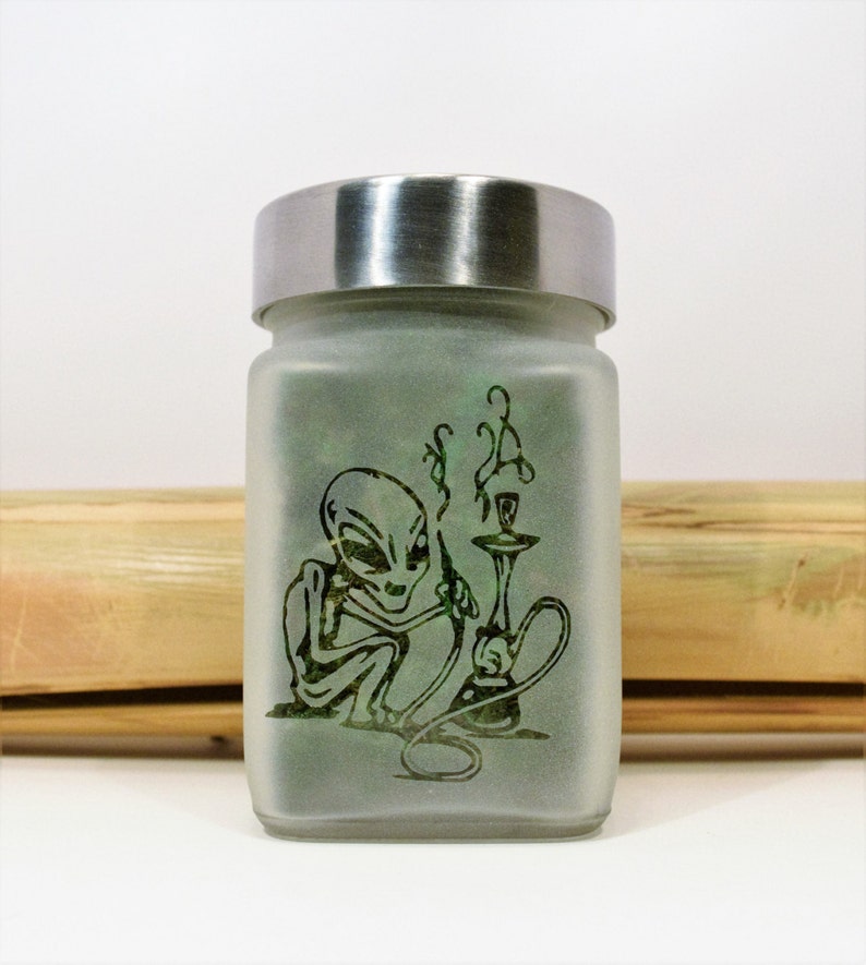 Out of this World Alien Stash Jar - Hookah Smoking Alien Etched Glass Herb Storage for Aliens and Stoner Gifts Must-Have Weed Accessories - Perfect for Storing Cannabis, Herbs, and More - A Great Gift for Any Stoner or Alien Lover in Your Life