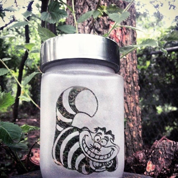 Cheshire Cat Small Stash Jar, Etched Glass Gifts, 4" Tall x 2.5" Wide