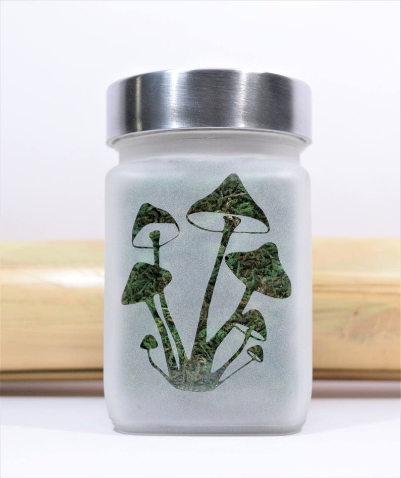 Twisted420Glass Magical Mushroom Etched Glass Stash Jar by Twisted420Glass features a psychedelic mushroom design, airtight seal and odor-proof technology, made of food-grade glass, perfect for stashing enthusiasts. A unique and fun mycology gift.