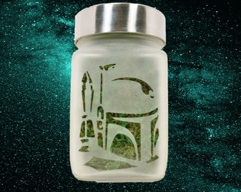 Bounty Hunter Etched Glass Stash Jar by Twisted420Glass - 4" Tall x 2.5" Wide, Airtight, Odor Proof