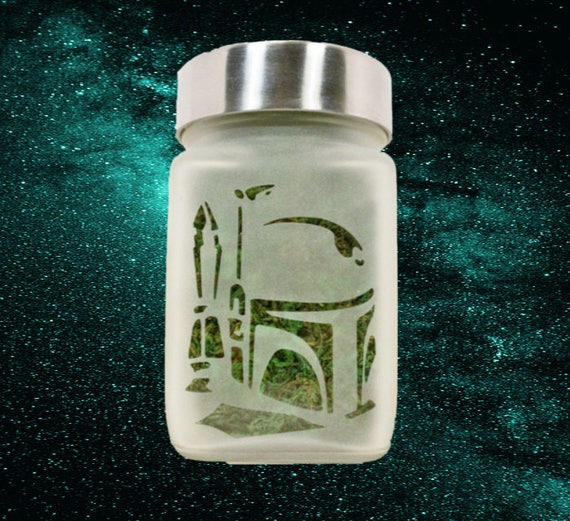 Bounty Hunter Etched Glass Stash Jar by Twisted420Glass - 4" Tall x 2.5" Wide, Airtight, Odor Proof