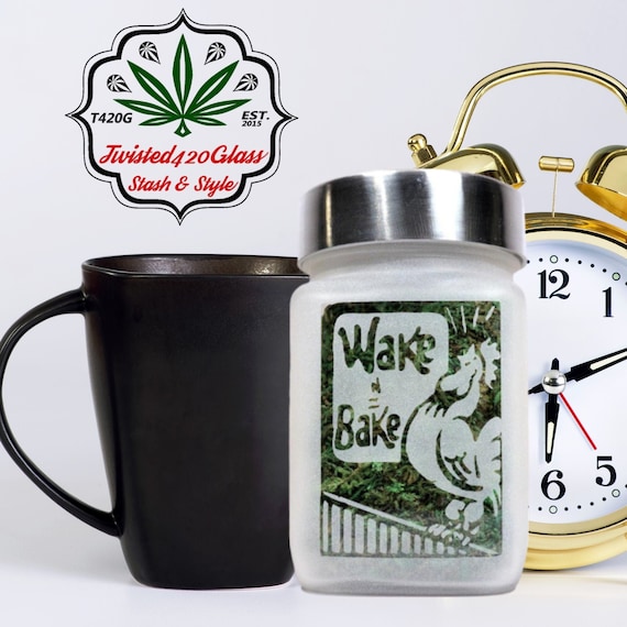 Wake & Bake Stash Jar - Airtight Glass Storage for Herbs - Unique Coffee and Cannabis Lovers Gift