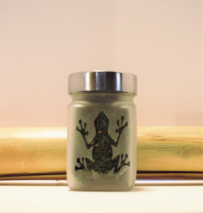 Frog Stash Jar - Airtight Food Grade Glass Jar with Brushed Aluminum Lid for Storing Herbs, MMJ, or Other Items - Perfect 420 Gift for Cannabis Lovers and Stoners