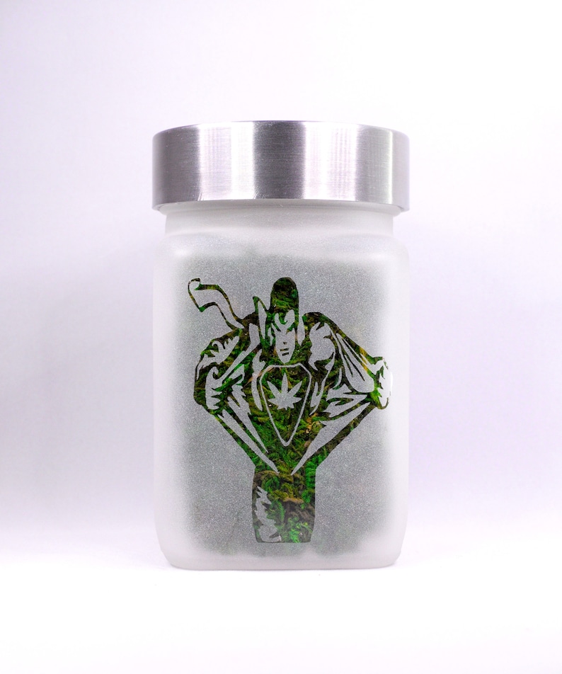 Twisted420Glass Superhuman Man Transformation with Pot Leaf Stash Jar Weed Accessories /& Stoner Gifts