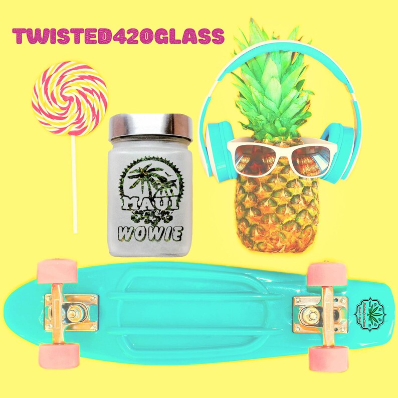 May include: A blue skateboard with pink wheels and gold trucks. A glass jar with a green palm tree and the words 'Maui Wowie' on it. A pineapple with sunglasses and blue headphones. A pink and white swirl lollipop on a stick.