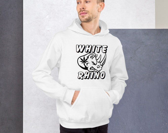 White Rhino Cannabis Strain Weed Hoodie, Men's Streetstyle Hooded Stoner Sweatshirt - Women's 420 Sweatshirt with Pot Leaf. Sizes up to 5XL!