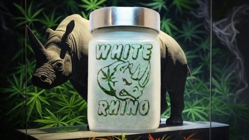 May include: A glass jar with a silver lid, labeled "WHITE RHINO" in green text with a rhino head logo. The jar is in front of a rhino statue and cannabis plants.