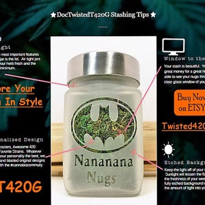 Twisted420Glass Perfectly Magical Etched Glass Stash Jar featuring a psychedelic mushroom design, airtight seal and odor-proof technology, made of food-grade glass, perfect for cannabis enthusiasts, medical marijuana patients and a unique stoner gift