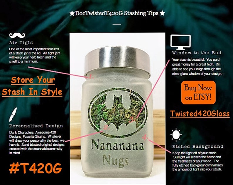 Twisted420Glass Perfectly Magical Etched Glass Stash Jar featuring a psychedelic mushroom design, airtight seal and odor-proof technology, made of food-grade glass, perfect for cannabis enthusiasts, medical marijuana patients and a unique stoner gift
