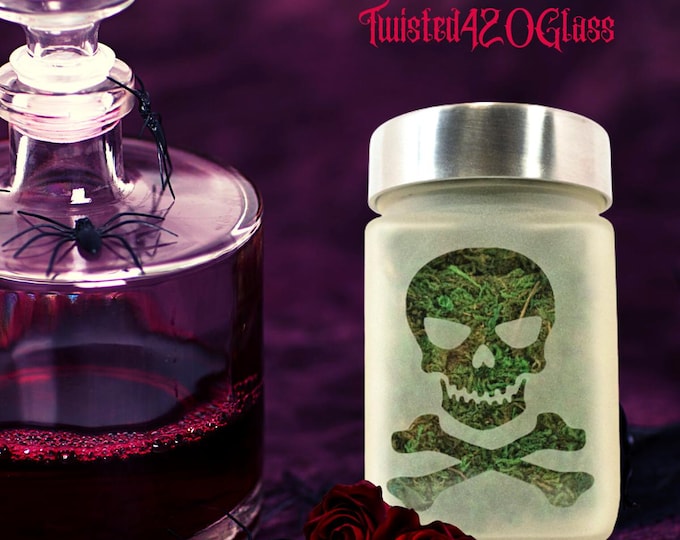 Featured listing image: Skull Stash Jar: Handcrafted Jolly Roger Etched Glass Jar