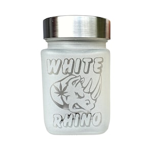 Discreet, airtight White Rhino etched glass stash jar perfect for keeping cannabis fresh and odorless. Makes a great gift for any cannabis enthusiast