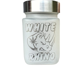 White Rhino Etched Glass Stash Jar