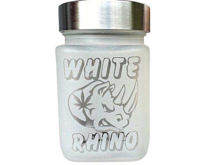 White Rhino Etched Glass Stash Jar