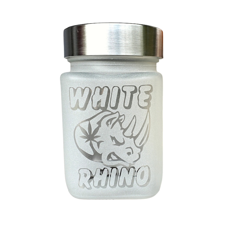 Discreet, airtight White Rhino etched glass stash jar perfect for keeping cannabis fresh and odorless. Makes a great gift for any cannabis enthusiast