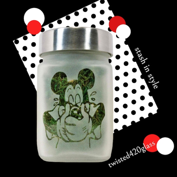 Cute Handmade Giggly Mouse Stash Jar by Twisted420Glass - Etched Glass, Airtight, Odor Proof, 4" Tall x 2.5" Wide