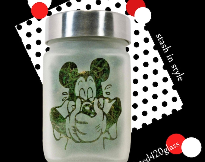 Cute Handmade Giggly Mouse Stash Jar by Twisted420Glass - Etched Glass, Airtight, Odor Proof, 4" Tall x 2.5" Wide