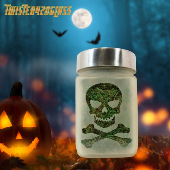 Skull Stash Jar and Herb Container by Twisted420Glass - Jolly Roger Stoner Gifts, Skull & Crossbones - Weed Jars for him