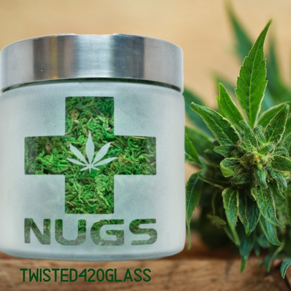 Nugs Stash Jar by Twisted420Glass - Cannabis Stash Jar, Etched Glass Nugs Jar | Medical Marijuana Storage Container | Hand-Etched Weed Jar