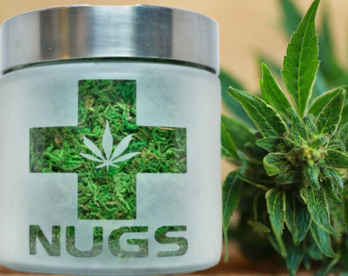 Nugs Stash Jar by Twisted420Glass - Cannabis Stash Jar, Etched Glass Nugs Jar | Medical Marijuana Storage Container | Hand-Etched Weed Jar