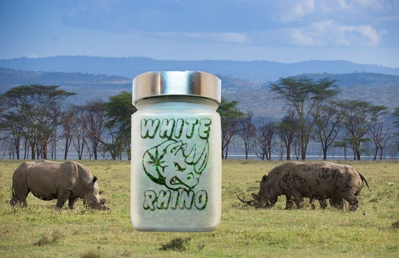 Discreet, airtight White Rhino etched glass stash jar perfect for keeping cannabis fresh and odorless. Makes a great gift for any cannabis enthusiast
