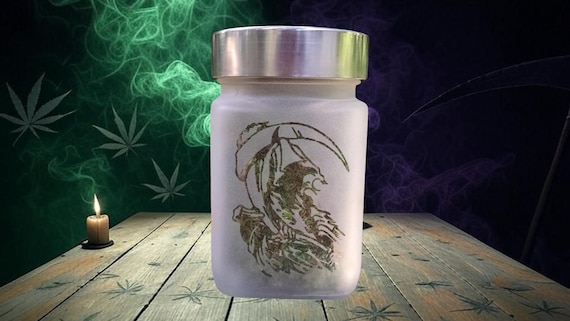 Grim Reaper Etched Glass Stash Jar - Airtight Container for Weed, Herbs - 420 Stoner Gift - Marijuana Storage