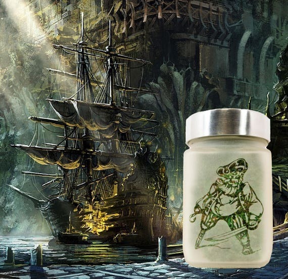 Pirate King Etched Glass Stash Jar - Airtight,  by Twisted420Glass - Perfect for Storing Herbs and Spices - Fun and Unique Gift Idea