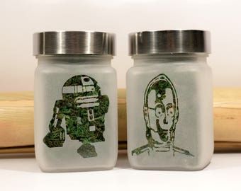 Stash Jar Gift Set - Etched Glass Robots by Twisted420Glass - Airtight, Odor Proof