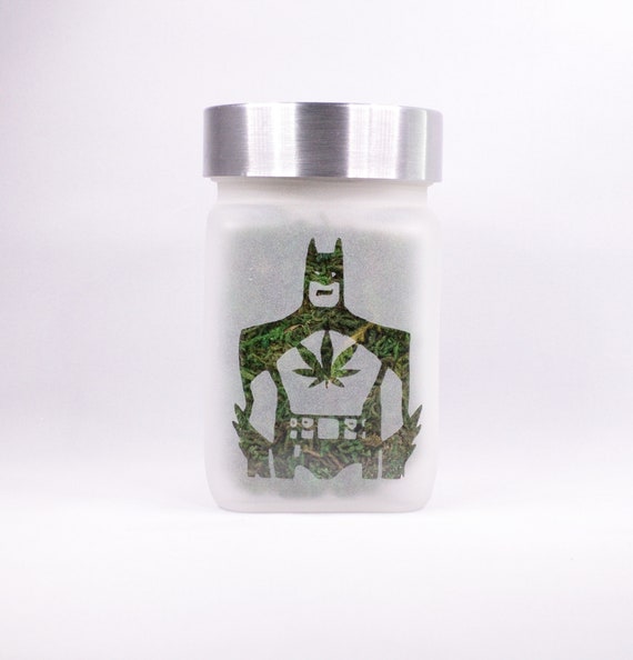 Canna Caped Hero Etched Glass Stash Jars by Twisted420Glass - 4" Tall x 2.5" Wide, Airtight, Odor Proof