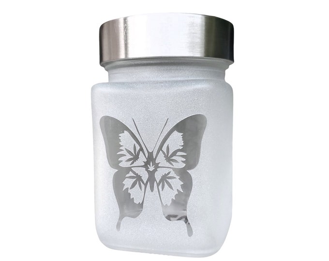 Cannabis Butterfly Stash Jar, Beautiful Crafted Etched Glass Jar - Airtight, Odor Proof