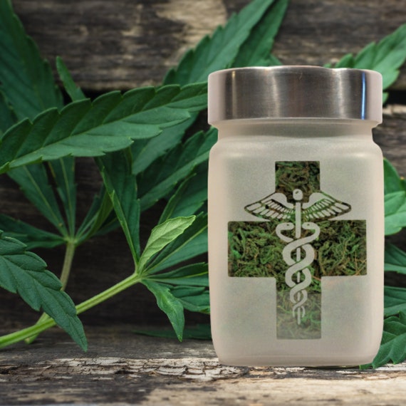 Caduceus Etched Glass Stash Jar - Airtight Herbal Storage for Medical Marijuana - Unique 420 Accessory & Health Symbol Design