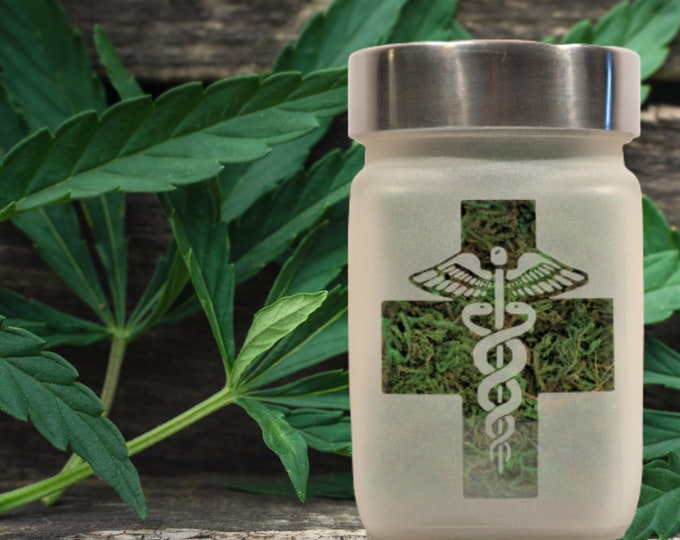 Caduceus Etched Glass Stash Jar - Airtight Herbal Storage for Medical Marijuana - Unique 420 Accessory & Health Symbol Design