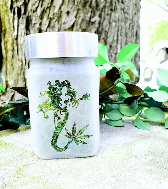 Mermaid with Cannabis Leaf Tail Etched Glass Stash Jar - Airtight, Odor-Proof by Twisted420Glass