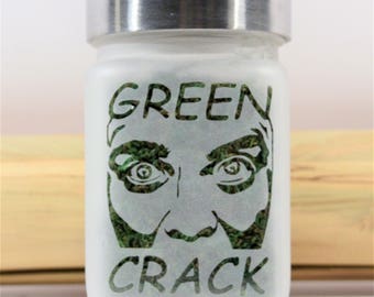 Green Crack Stash Jar by Twisted420Glass – Etched Glass Weed Jar, Airtight Storage, Stoner Accessories & Gifts