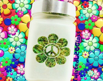 Peace Daisy Etched Glass Personal Stash Jar