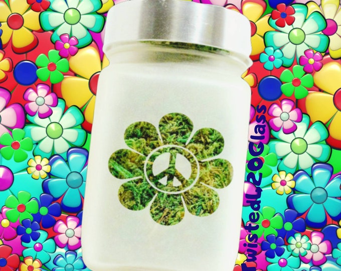 Peace Daisy Etched Glass Personal Stash Jar