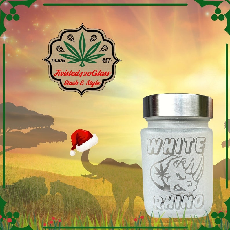 Discreet, airtight White Rhino etched glass stash jar perfect for keeping cannabis fresh and odorless. Makes a great gift for any cannabis enthusiast