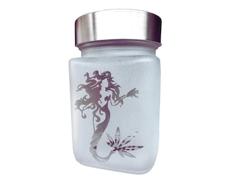 Mermaid with Cannabis Leaf Tail Etched Glass Stash Jar - Airtight, Odor-Proof by Twisted420Glass