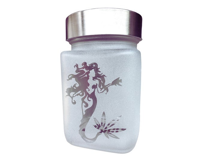 Mermaid with Cannabis Leaf Tail Etched Glass Stash Jar - Airtight, Odor-Proof by Twisted420Glass