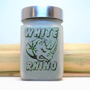Discreet, airtight White Rhino etched glass stash jar perfect for keeping cannabis fresh and odorless. Makes a great gift for any cannabis enthusiast