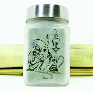 Out of this World Alien Stash Jar - Hookah Smoking Alien Etched Glass Herb Storage for Aliens and Stoner Gifts Must-Have Weed Accessories - Perfect for Storing Cannabis, Herbs, and More - A Great Gift for Any Stoner or Alien Lover in Your Life