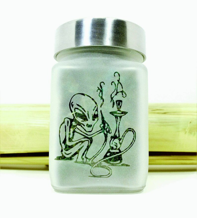 Out of this World Alien Stash Jar - Hookah Smoking Alien Etched Glass Herb Storage for Aliens and Stoner Gifts Must-Have Weed Accessories - Perfect for Storing Cannabis, Herbs, and More - A Great Gift for Any Stoner or Alien Lover in Your Life