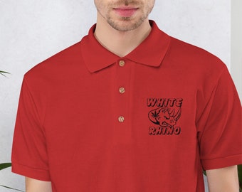 Men's Embroidered Cannabis Polo with White Rhino Design, Urban and Street Wear by T420G - Marijuana Clothing for Men