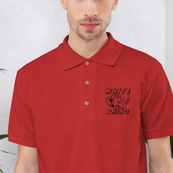 Men's Embroidered Cannabis Polo with White Rhino Design, Business Casual/Golf Wear by Twisted420Glass - Marijuana Clothing for Men