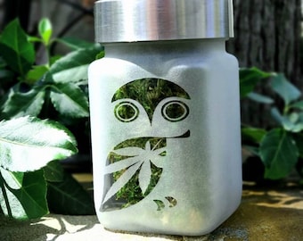 Hoot Owl Etched Glass Stash Jar by Twisted420Glass - Perfect for Storing Herbs - Unique and Fun Design - Handcrafted and High-Quality