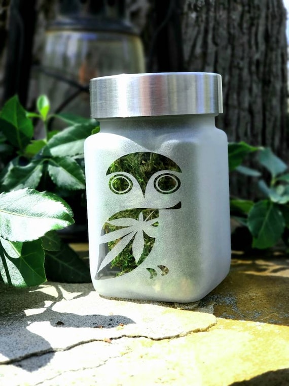 Owl Etched Glass Stash Jar by Twisted420Glass – Airtight Herb Storage
