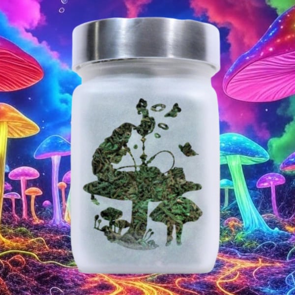 Alice in Wonderland Stash Jar: Hookah Caterpillar Etched Glass