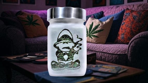 Etched Glass Stash Jar - Smoky Gangster Design - Airtight, Odor-Proof Storage - 4" Tall - Twisted420Glass