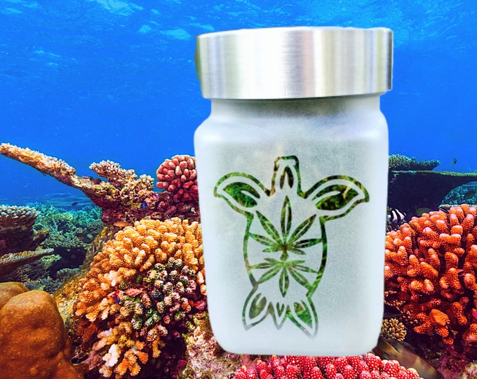 Sea Turtle Etched Glass Stash Jar by Twisted420Glass – Beach-Themed Memory Keeper, Island Decor, & Functional Storage