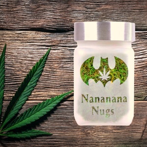 Nananana Nugs Handmade Etched Glass Stash Jar by Twisted420Glass – Airtight, Odor-Proof, 4" x 2.5" Stash Container
